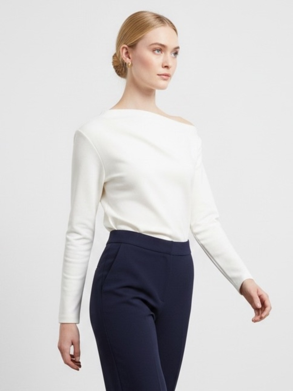 1611 • Cream Asymmetric Cotton Blend Scuba Long Sleeve Pleat Shoulder Top